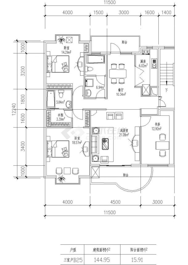 板式多層一梯兩戶三室一廳二衛戶型圖紙