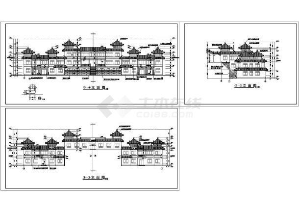 某带有黑色镜面花岗石的仿古建办公室建筑设计立面图-图一