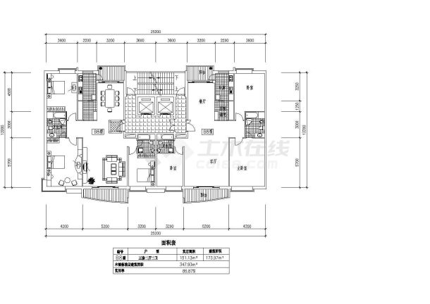 板式高层一梯两户三室两厅方案图-图二