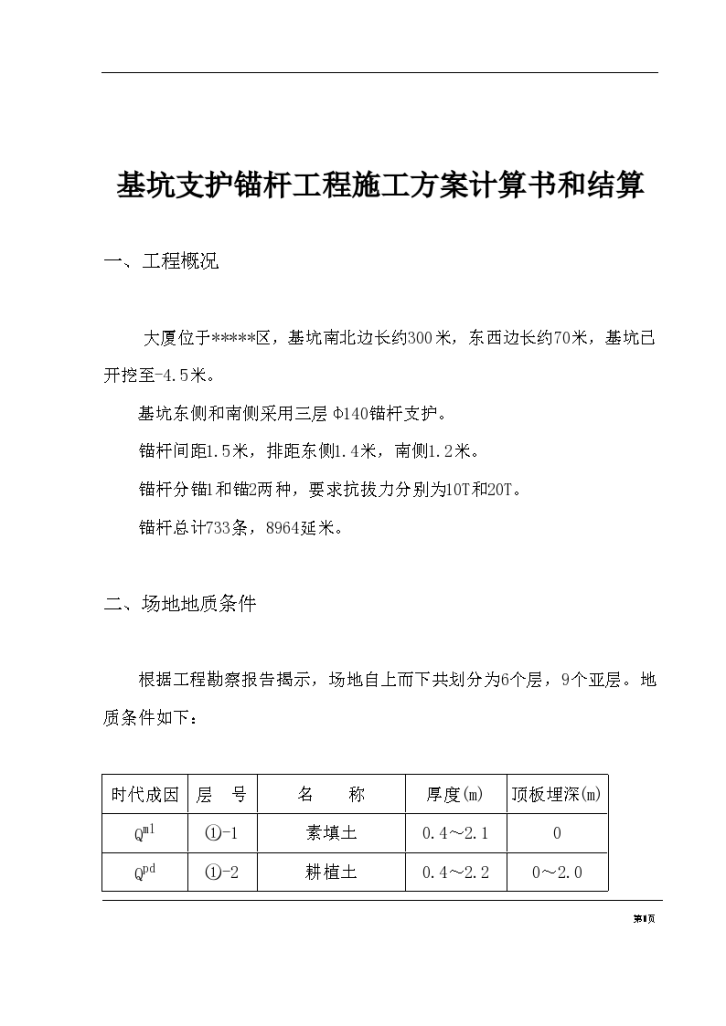 基坑支护锚杆工程施工方案计算书和结算...-图一