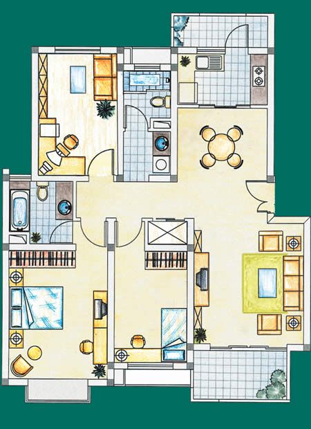三室两厅户型平面CAD图-图二