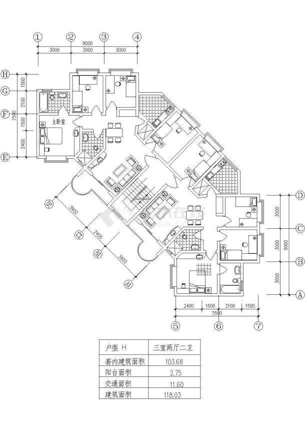 板式高层一梯两户三室二厅二卫户型CAD图纸-图二