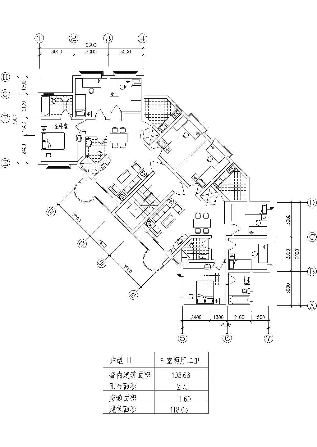 板式高层一梯两户三室二厅二卫户型CAD图纸