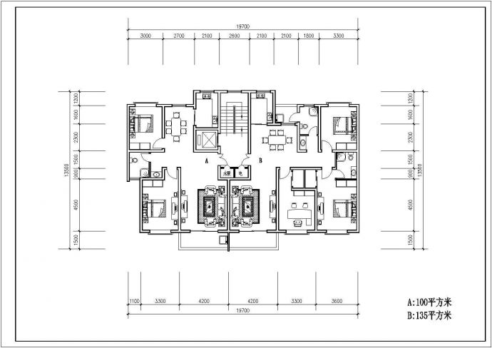 某一梯两户板式住宅户型平面设计CAD图纸_图1