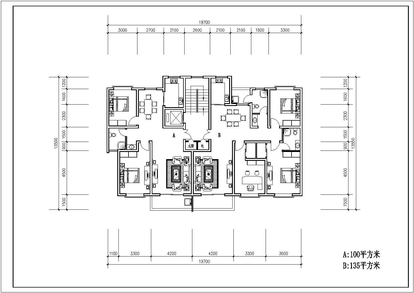 某一梯两户板式住宅户型平面设计CAD图纸