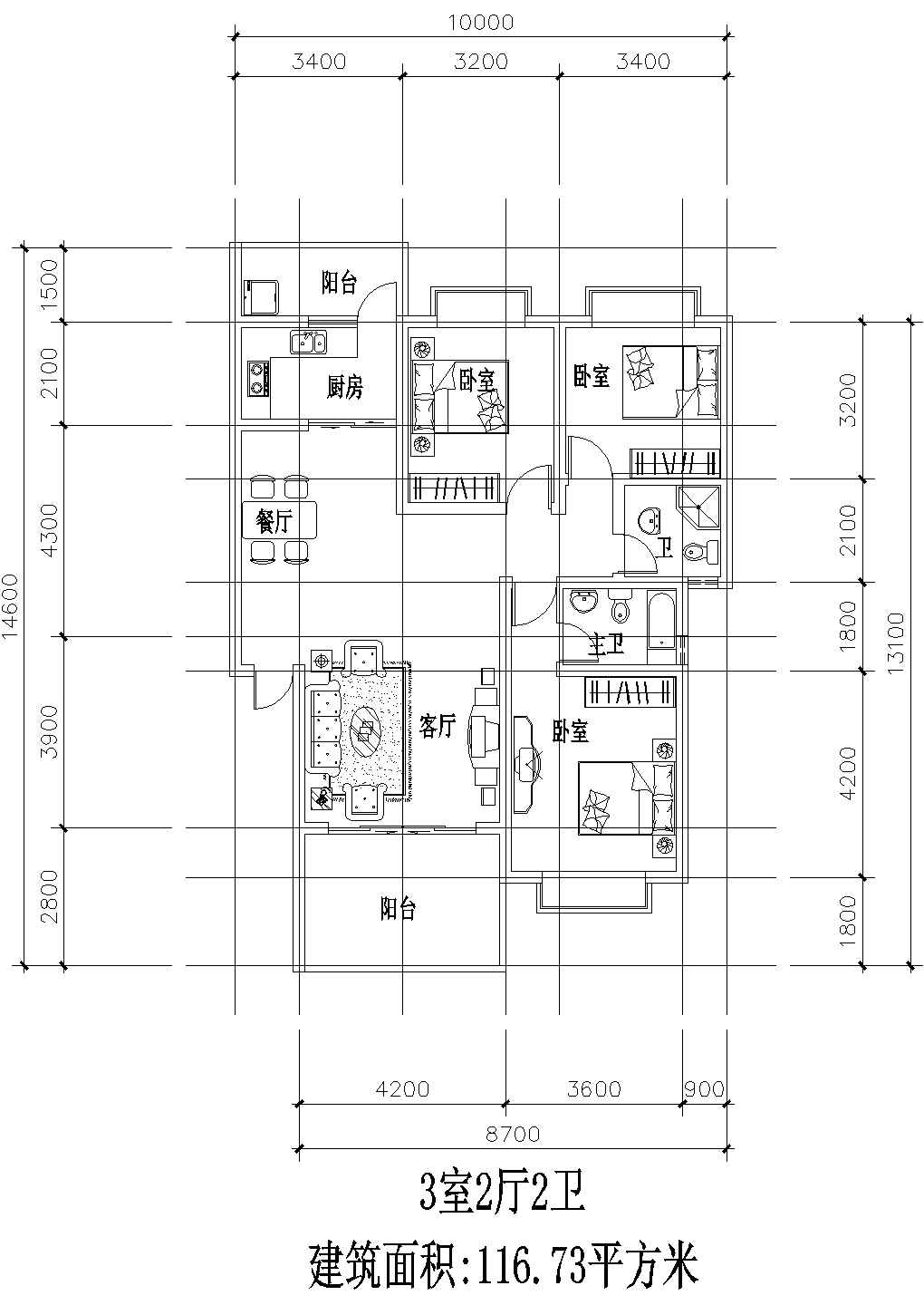 三室两厅一厨两卫116.73平方米设计CAD图纸