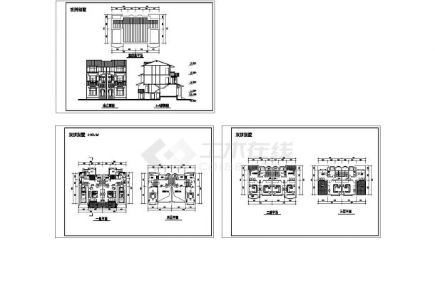 长9.6米 宽7.5x2米 3+1夹层200.5x2平米双拼别墅建筑CAD设计图-图二