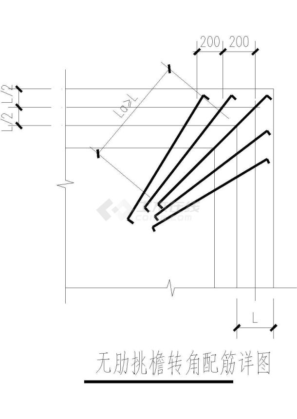 某无肋挑檐转角配筋节点构造cad详图-图二