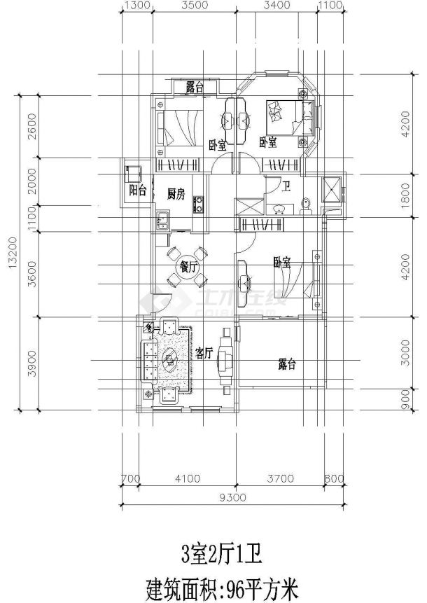 板式多层单户三室二厅一卫户型施工CAD图纸-图一