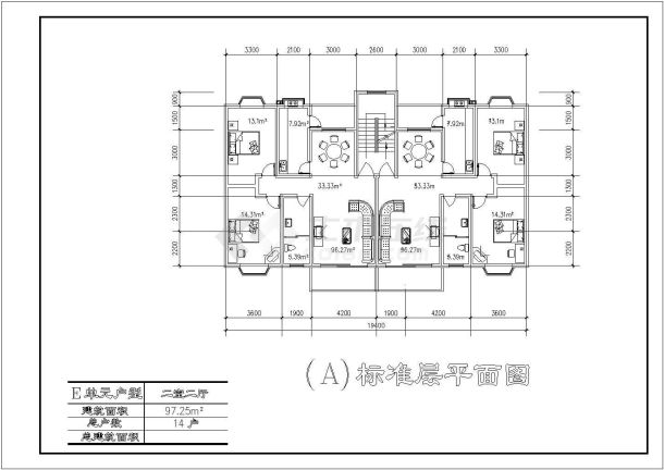 板式多层一梯二户户型CAD图纸-图二