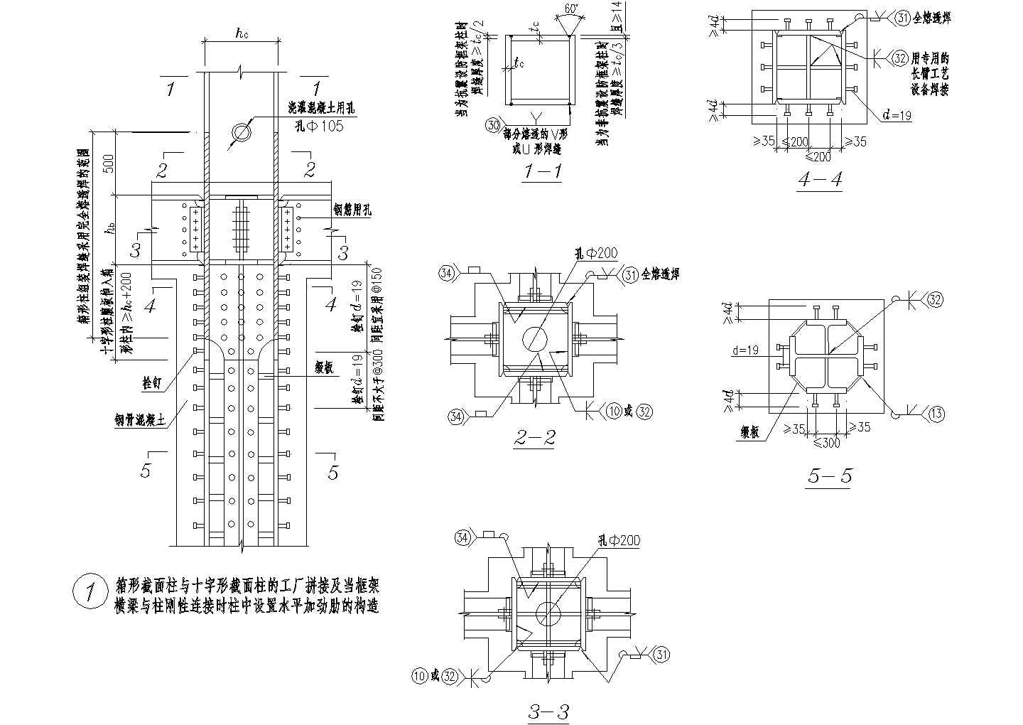 箱形截面柱与十字形截面柱节点构造CAD详图