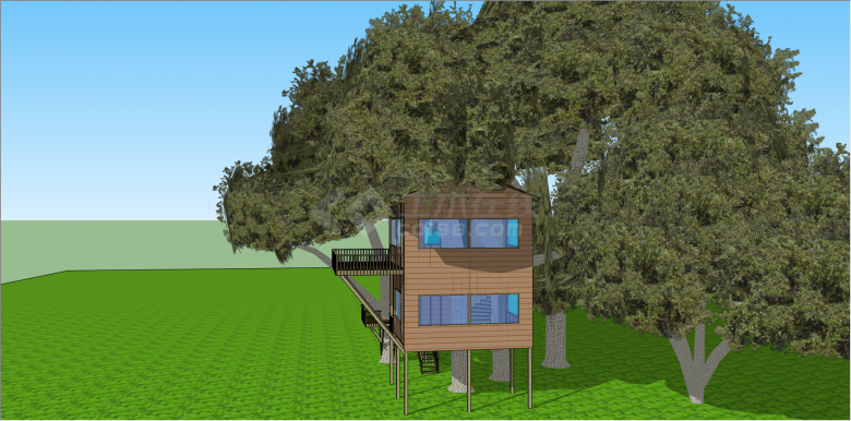 现代双层木制树屋su模型-图二