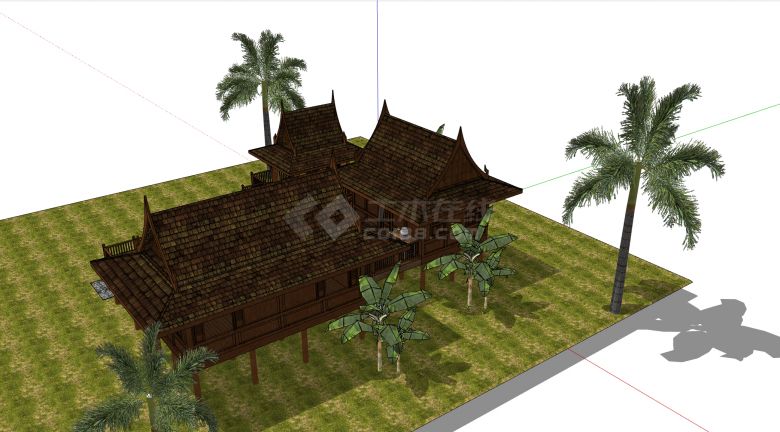 种有椰子树的东南亚风格下层镂空木屋su模型-图二