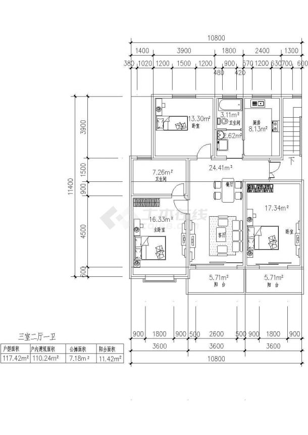 板式多层单户三室二厅一卫户型设计CAD图纸-图一