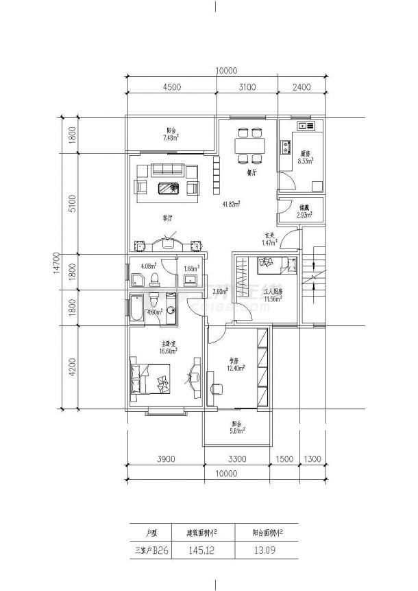板式多层一梯两户三室一厅二卫户型施工CAD图纸-图一