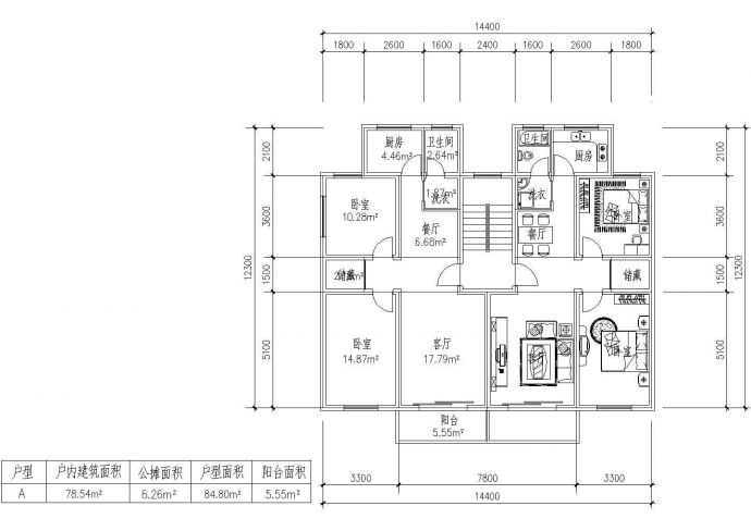 板式多层一梯两户二室二厅一卫户型图纸_图1