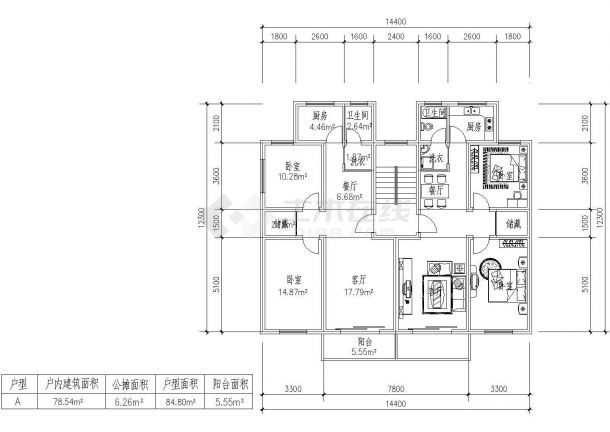 板式多层一梯两户二室二厅一卫户型图纸-图二