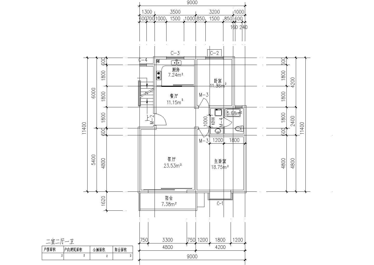 板式多层单户二室二厅一卫户型施工CAD图纸