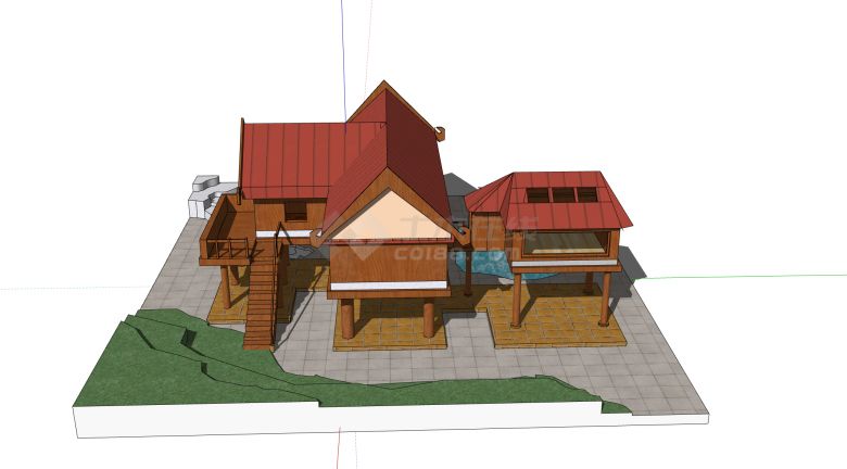 红色坡面屋顶长形木屋su模型-图二
