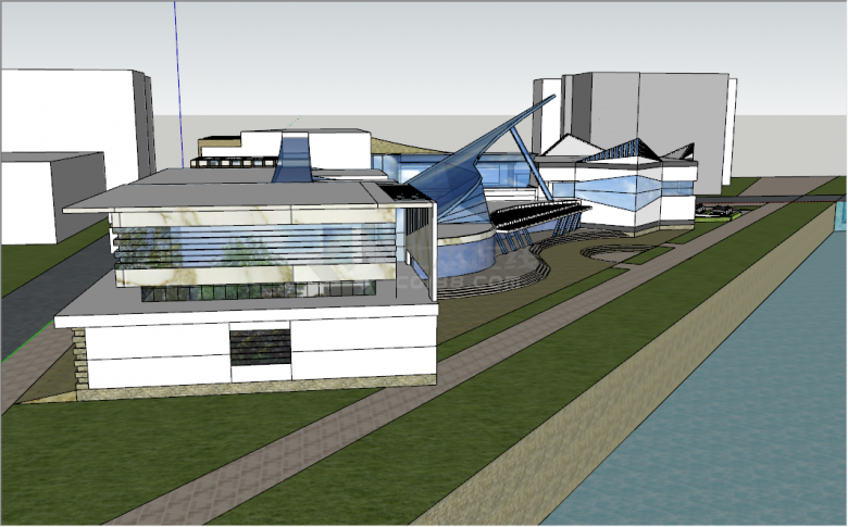现代设计感蓝色玻璃墙大学生活动中心建筑su模型-图二