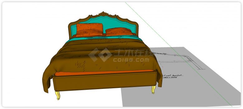 木雕花绿色软床头板双人床su模型-图二