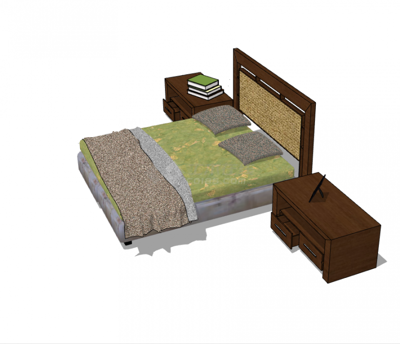 带有两个棕色床头柜的木质的床具su模型-图一