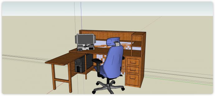 L形带抽屉桌面置物架办公桌su模型_图1