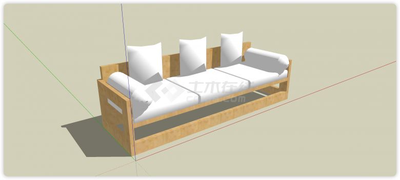 浅黄色木架构白色软垫沙发su模型-图一