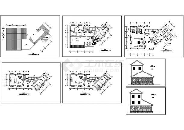 江苏某三层现代风格别墅建筑施工图纸（7张图纸），包含天面平面布置图 1:75-图一