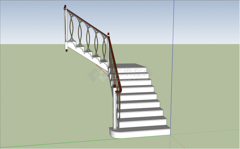 白色踏板带弧形镂空花纹棕色扶手的2层楼楼梯su模型-图一