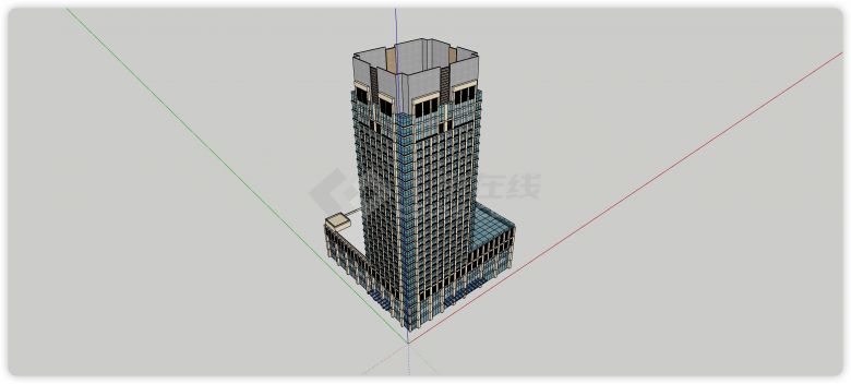 黄色钢结构蓝色玻璃主体办公楼su模型-图一