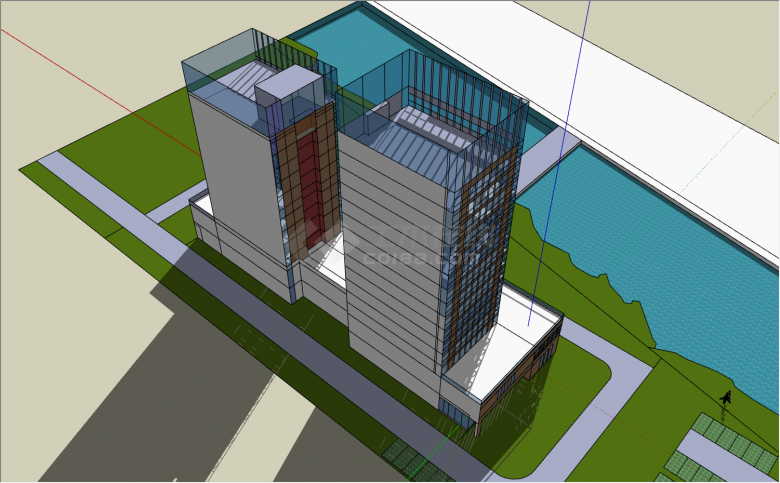 湖边自然风光好的多层建筑组合的办公楼su模型-图二