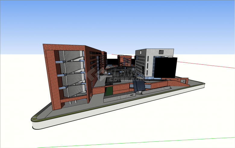 现代红砖大学新校区图书馆教学楼建筑su模型-图二