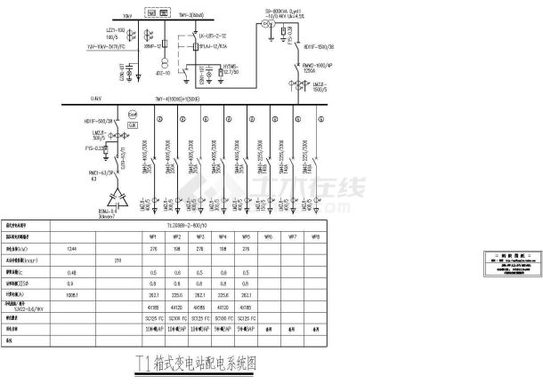 [系统图]T1箱式变电站配电系统图.cad施工图设计-图一