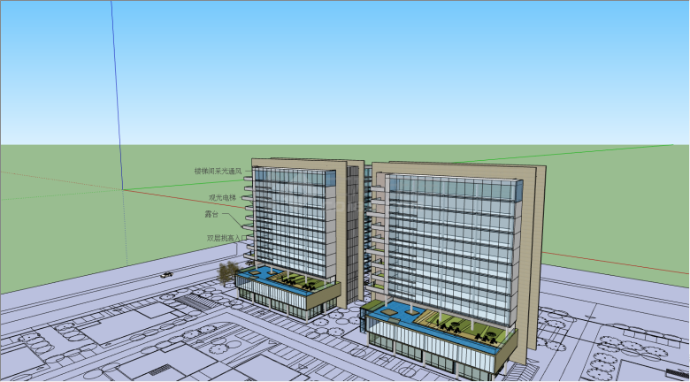 两栋带有蓝色玻璃外墙的办公大楼su模型-图一