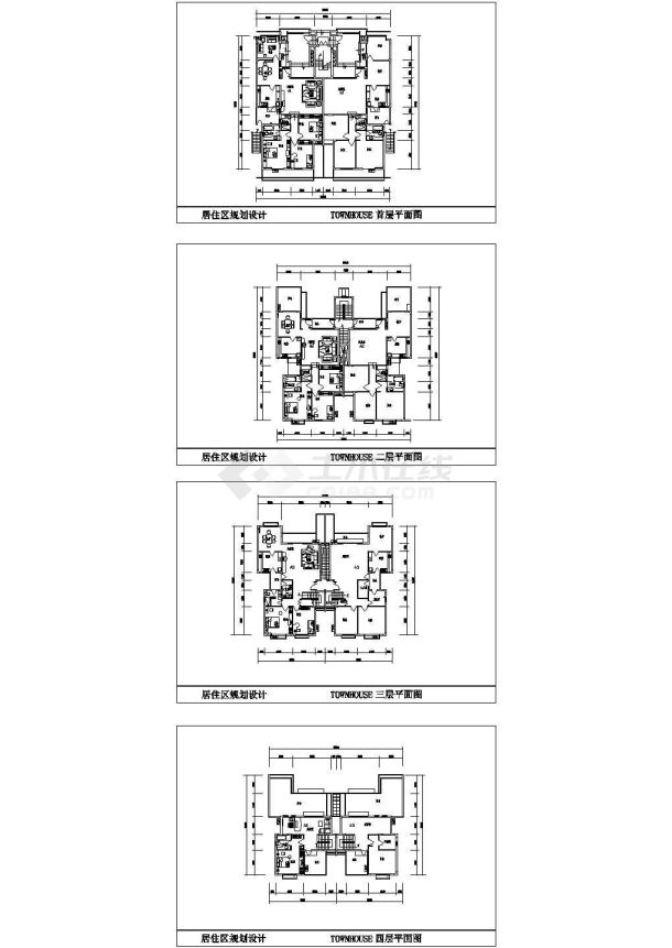 TOWNHOUSE(洋房)户型平面cad【1梯2户 4层 共6户】-图一