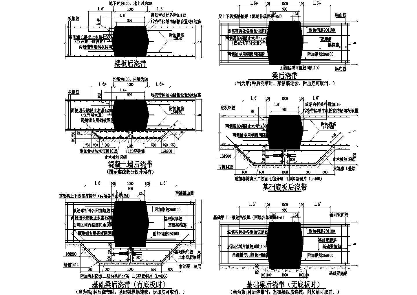 后浇带节点构造CAD示意图