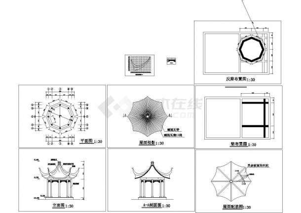 某带有璃琉瓦脊的经典八角亭建筑设计施工图-图一