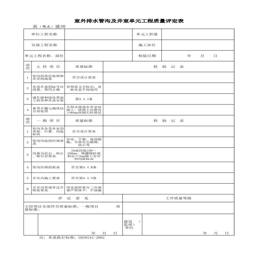 表(粤水)建30 室外排水管沟及井室单元工程质量评定表-图一