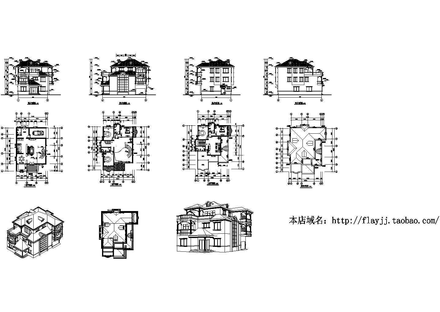 【南京】某地3层别墅全套建筑施工设计cad图【平立面图 俯视图】