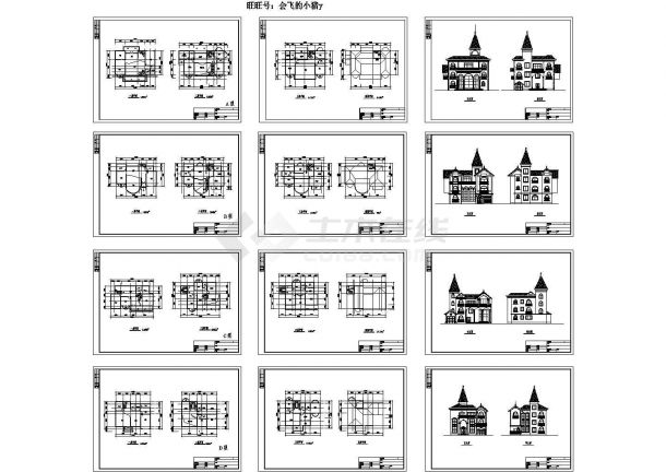 【4套】美式风格别墅全套建筑施工设计cad图纸（含各层平面图，立面图）-图一