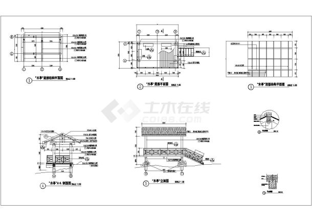 某面盖油棱瓦的双坡水木亭建筑设计CAD施工图纸-图一