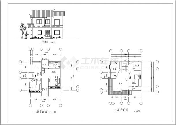 某地2层别墅建筑初步设计方案图纸【1-2层平面 1正立面】-图一