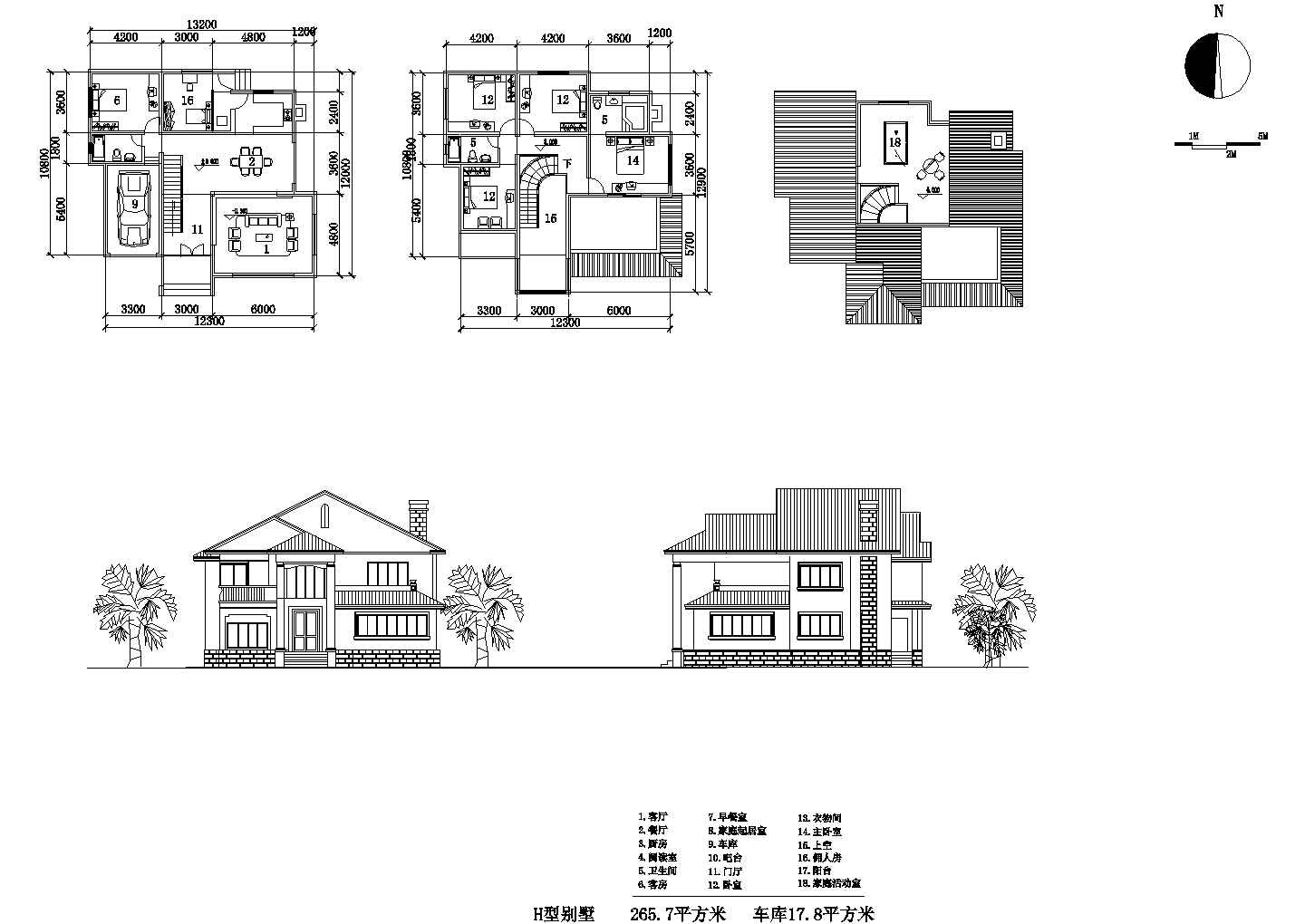 某地2层265.7平米乡间别墅建筑设计cad图【各层平面 2个立面】