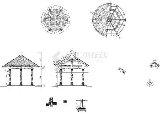 某圆形生态茅草亭施工设计cad布置详图（标注详细）-图一