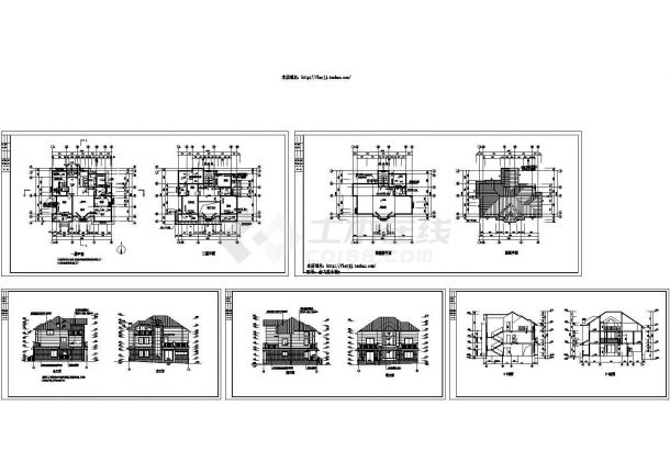 某地2+1阁楼层别墅建筑设计cad图【各层及屋顶平面 4立2剖面】-图一
