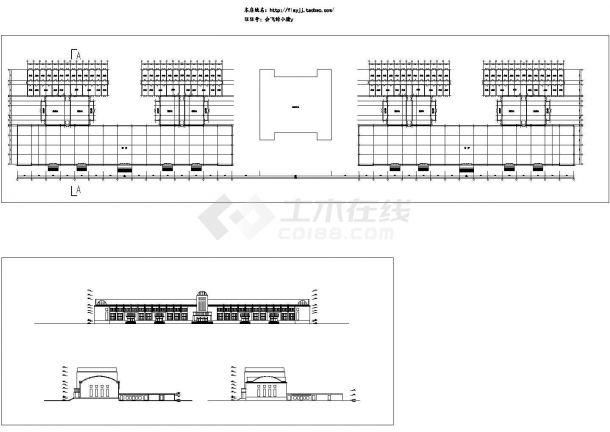 长350米 宽59.3米 单层战士餐厅建筑方案设计图【平面 3立面 1JPG外观效果（无剖面及屋顶平面）-图一