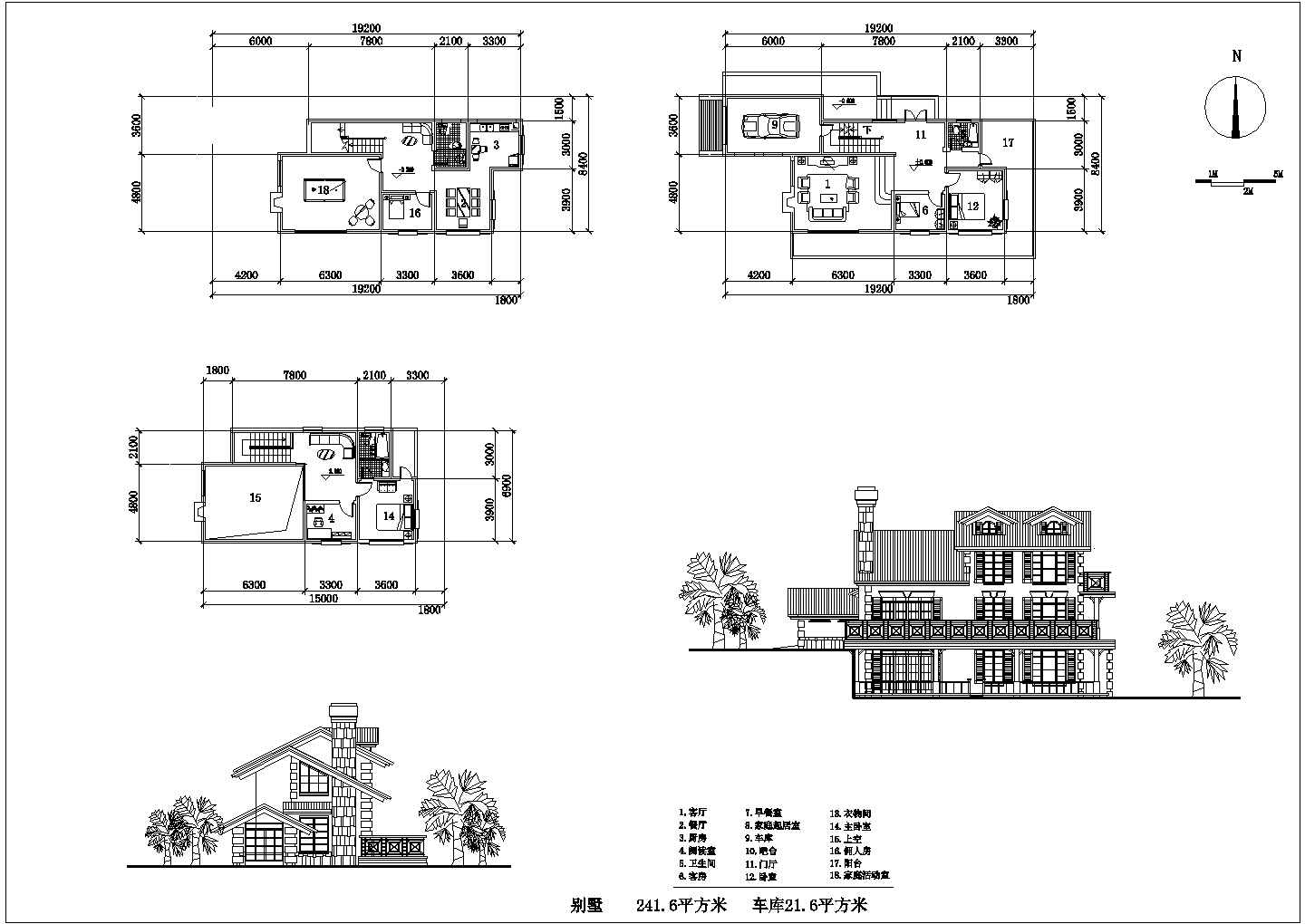 3层：长19.2米 宽8.4米 241.6平米乡间小别墅建筑设计图【各层平面 2立面】