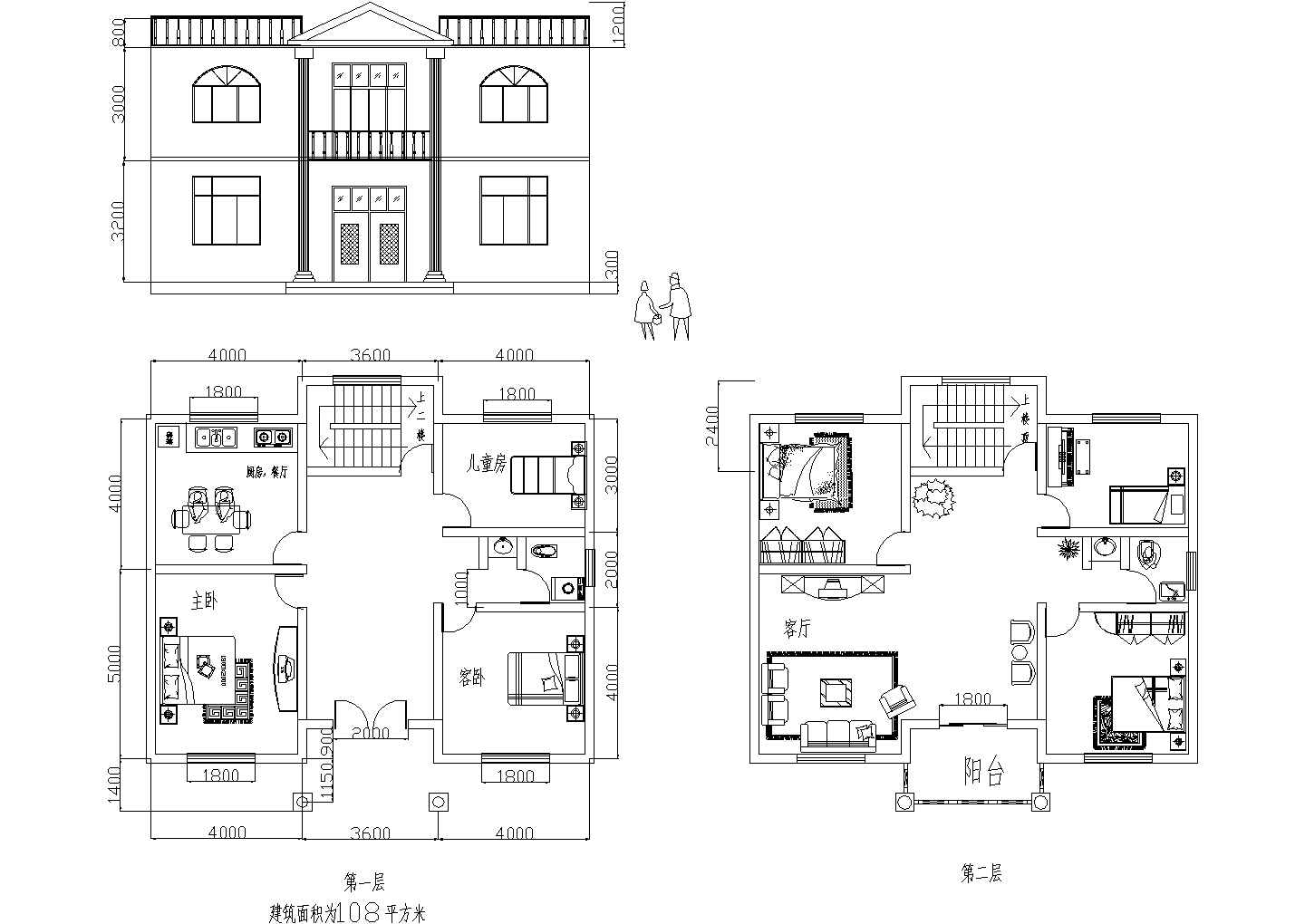 某2层（108㎡）农村自建房屋建筑方案设计cad施工图纸（标注详细）