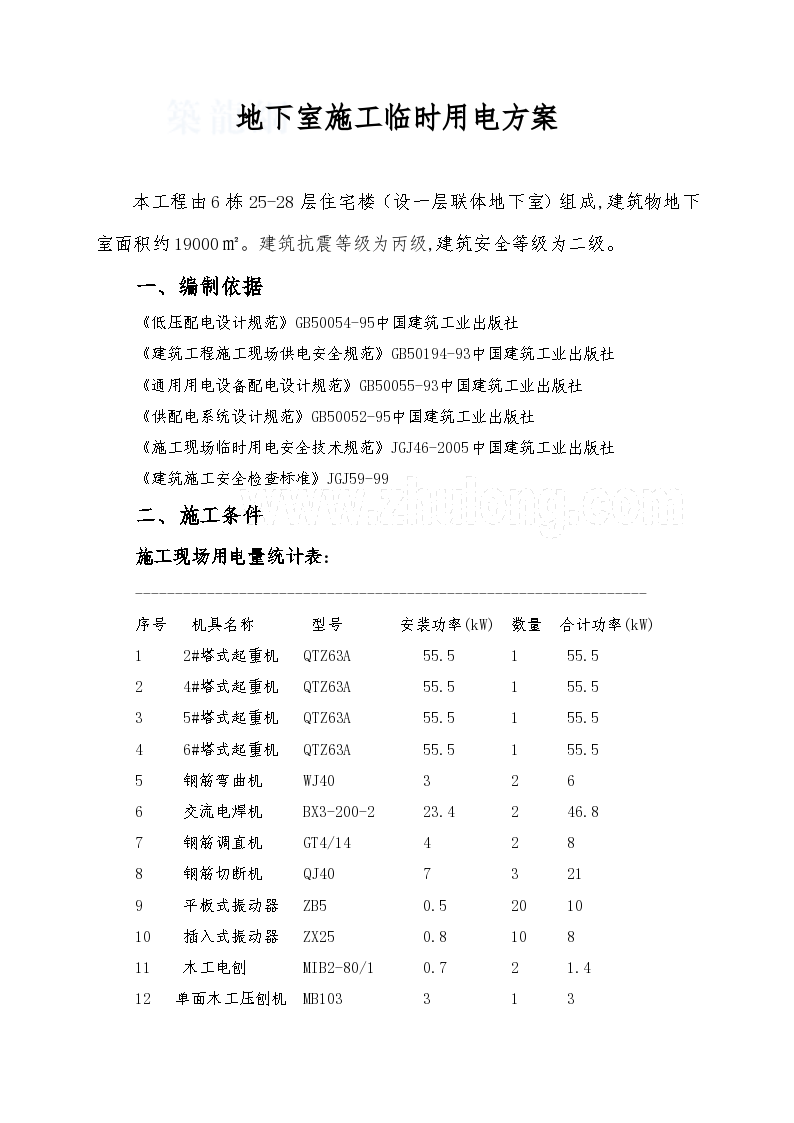 福州某地下室工程施工临时用电方案